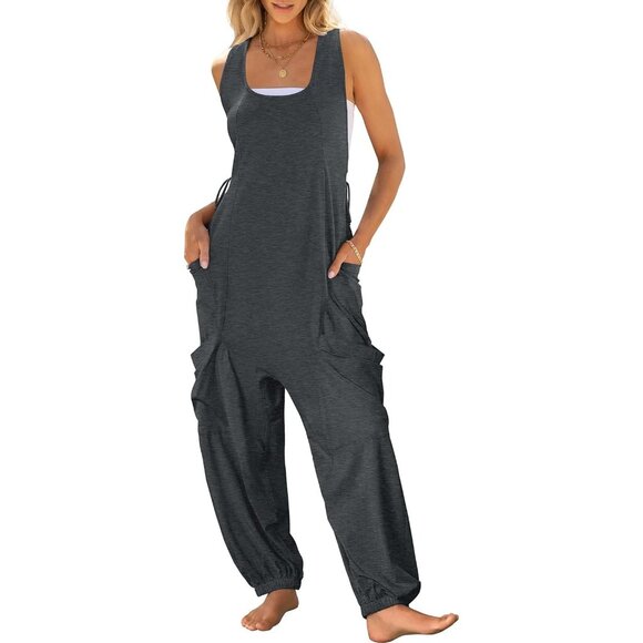 Pants - Women Dark Grey Overall Jumpsuit Loose Casual Dressy Sleeveless Baggy Romper